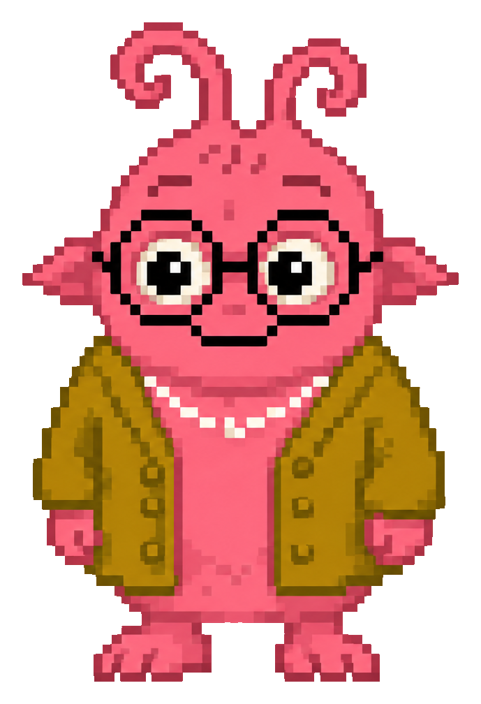 Schmoopy, a pink LEGO enthusiast in glasses and a cozy cardigan